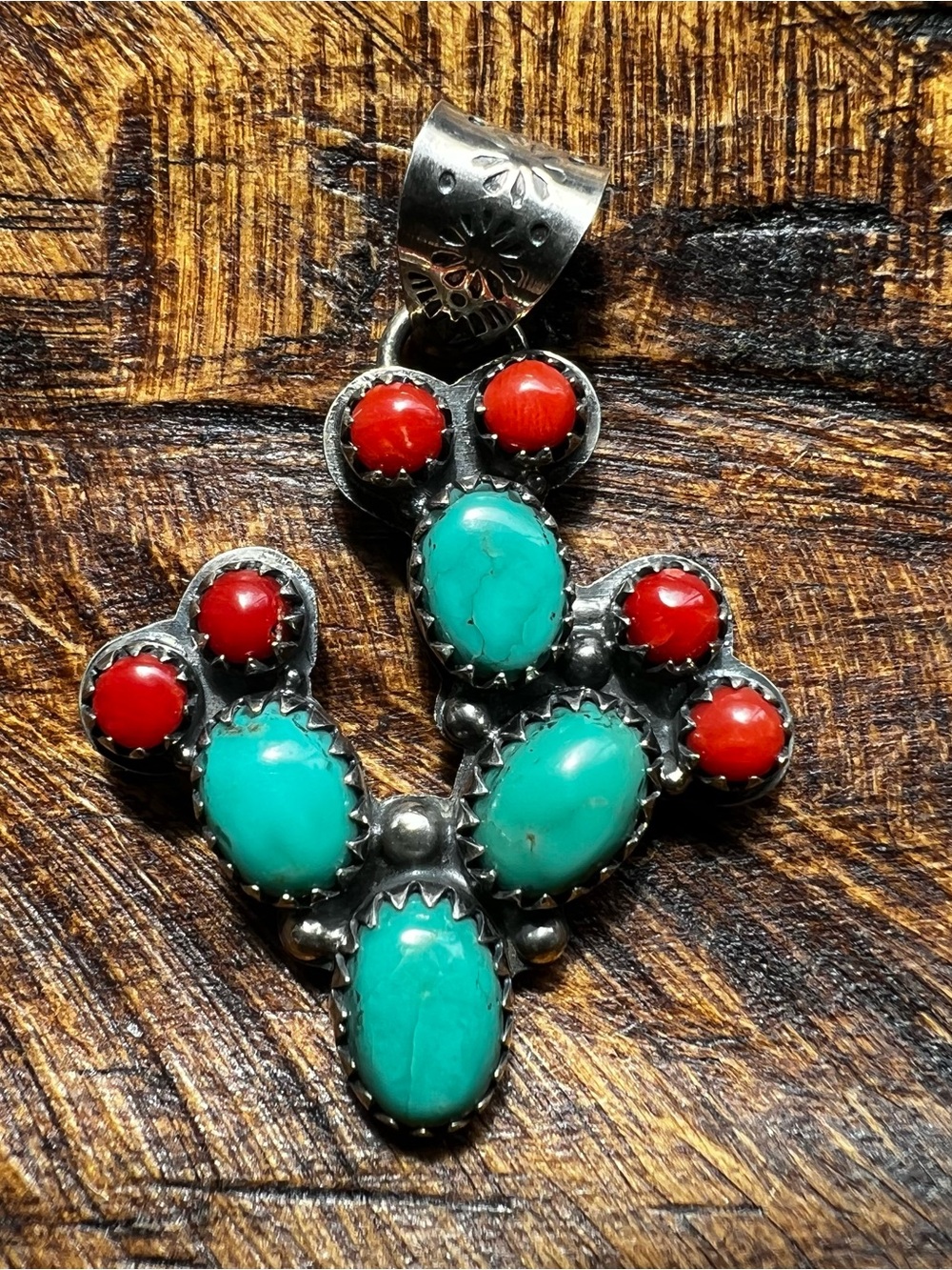 Kingman Turquoise & Coral Cactus Pendant Sterling Silver Southwest Cluster